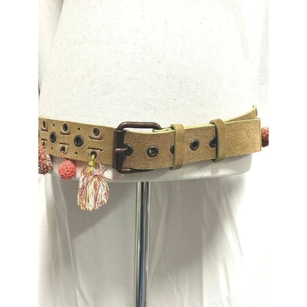 Sportmax by Max Mara Made in Italy‎ Mustard Suede Pom Pom Tassel Grommet Belt